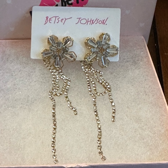 Betsey Johnson Crystal Flower & Rhinestone & Tassel Dangle Earrings NWT - Picture 7 of 7